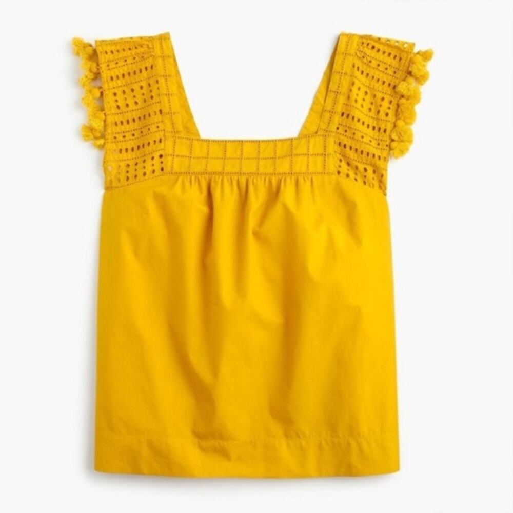 🆕 J. Crew Women's Yellow Eyelet Tassel Trim Sleeveless Tank Top Size 14